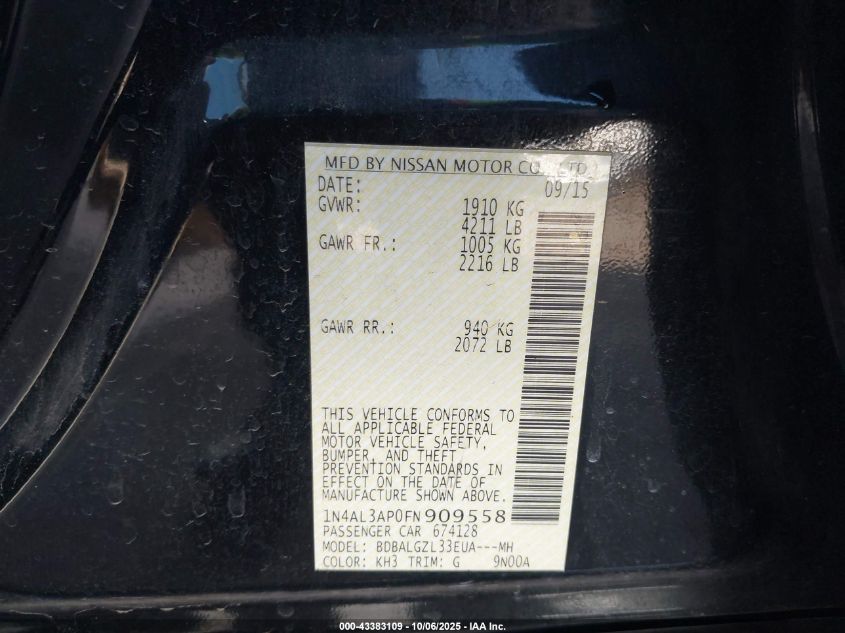 2015 Nissan Altima 2.5 S VIN: 1N4AL3AP0FN909558 Lot: 43383109