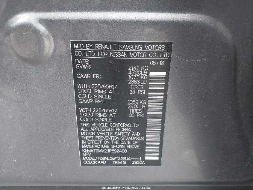 2018 Nissan Rogue Sv VIN: KNMAT2MV2JP592460 Lot: 43383111