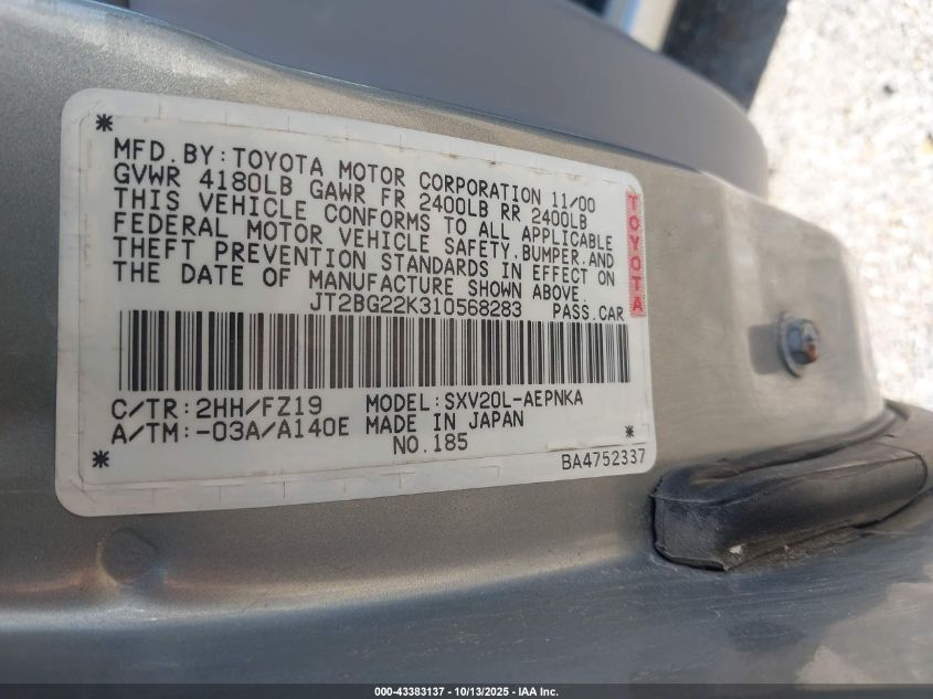 2001 Toyota Camry Le VIN: JT2BG22K310568283 Lot: 43383137