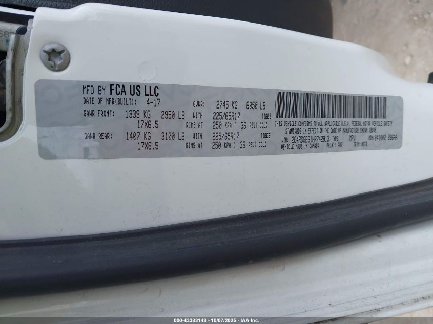 2017 Dodge Grand Caravan Se Plus VIN: 2C4RDGBG1HR742813 Lot: 43383148