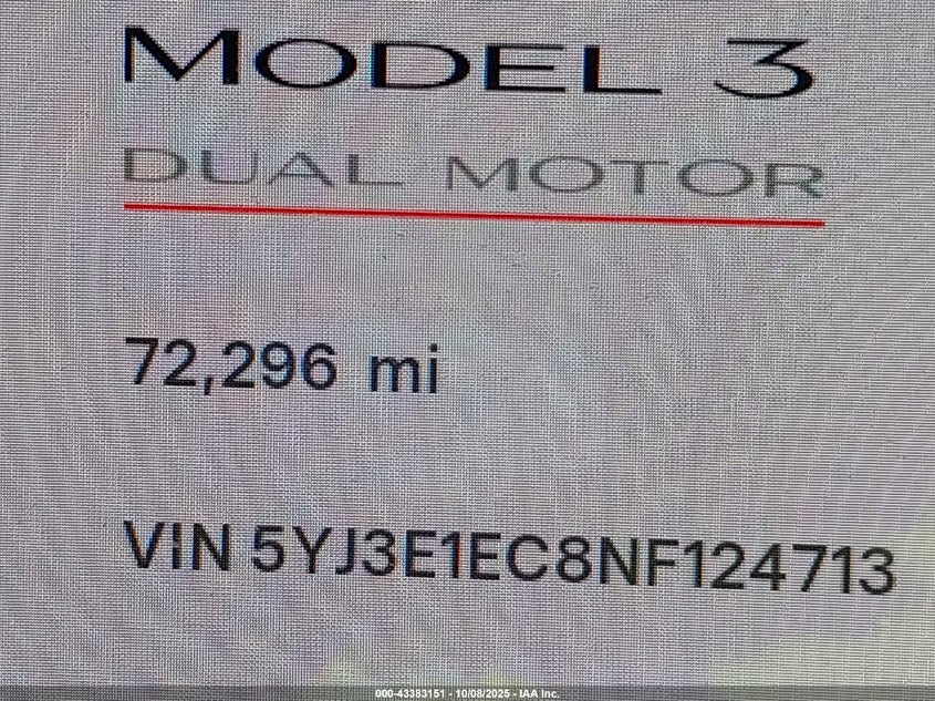 2022 Tesla Model 3 Performance Dual Motor All-Wheel Drive VIN: 5YJ3E1EC8NF124713 Lot: 43383151
