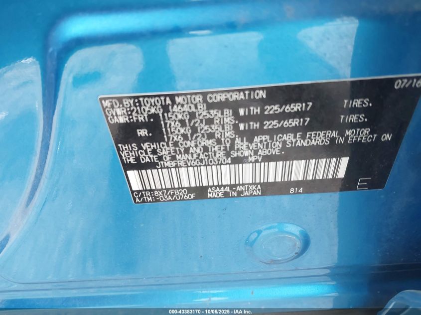 2016 Toyota Rav4 Le VIN: JTMBFREV6GJ103704 Lot: 43383170