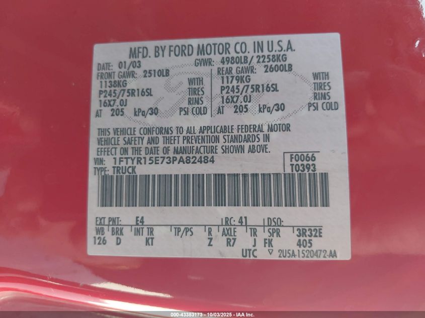 2003 Ford Ranger Xlt VIN: 1FTYR15E73PA82484 Lot: 43383173
