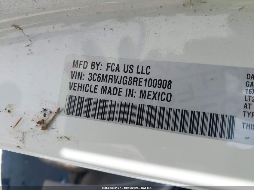 2024 Ram Promaster 3500 Cargo Van Slt High Roof 159 Wb Ext VIN: 3C6MRVJG8RE100908 Lot: 43383177