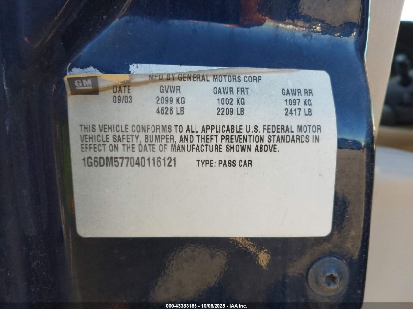 2004 Cadillac Cts Standard VIN: 1G6DM577040116121 Lot: 43383185