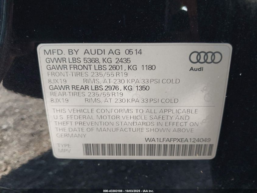 2014 Audi Q5 2.0T Premium VIN: WA1LFAFPXEA124049 Lot: 43383188