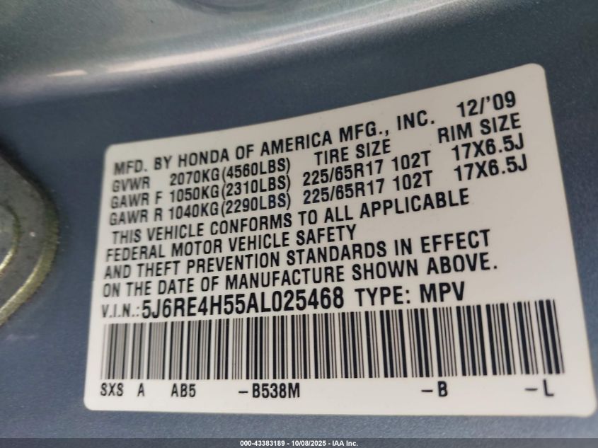 2010 Honda Cr-V Ex VIN: 5J6RE4H55AL025468 Lot: 43383189