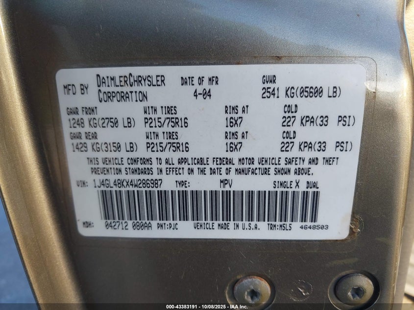 2004 Jeep Liberty Sport VIN: 1J4GL48KX4W286987 Lot: 43383191