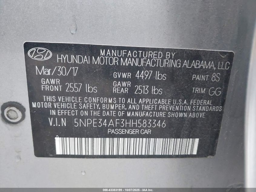 2017 Hyundai Sonata Sport VIN: 5NPE34AF3HH583346 Lot: 43383199