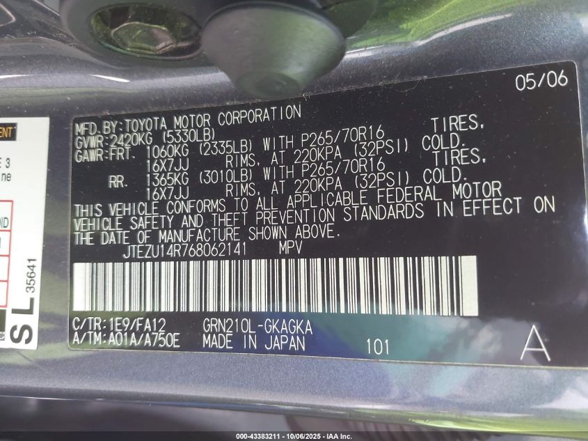 2006 Toyota 4Runner Sr5 V6 VIN: JTEZU14R768062141 Lot: 43383211