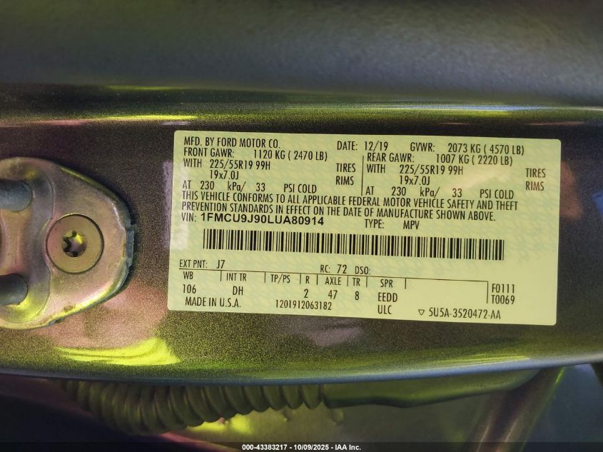 2020 Ford Escape Titanium VIN: 1FMCU9J90LUA80914 Lot: 43383217