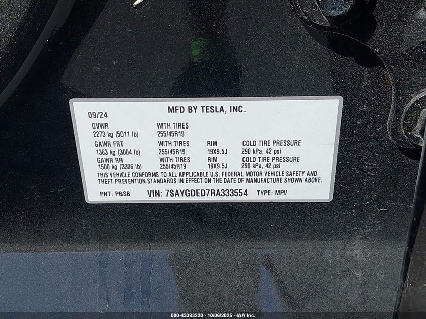 2024 Tesla Model Y Long Range Dual Motor All-Wheel Drive/Rwd VIN: 7SAYGDED7RA333554 Lot: 43383220