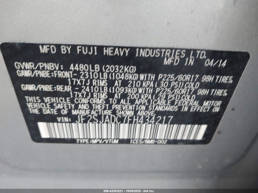 2015 Subaru Forester 2.5I Premium VIN: JF2SJADC7FH434217 Lot: 43383221