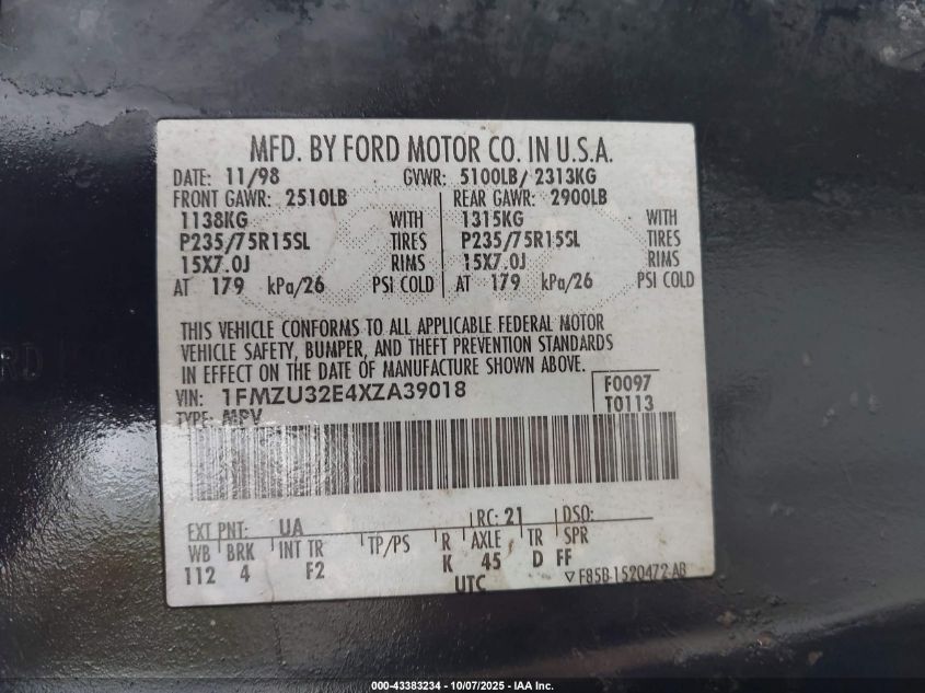 1999 Ford Explorer Eddie Bauer/Limited Edition/Xlt VIN: 1FMZU32E4XZA39018 Lot: 43383234