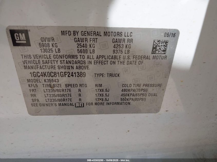 2016 Chevrolet Silverado 3500Hd Ltz VIN: 1GC4K0C81GF241389 Lot: 43383250