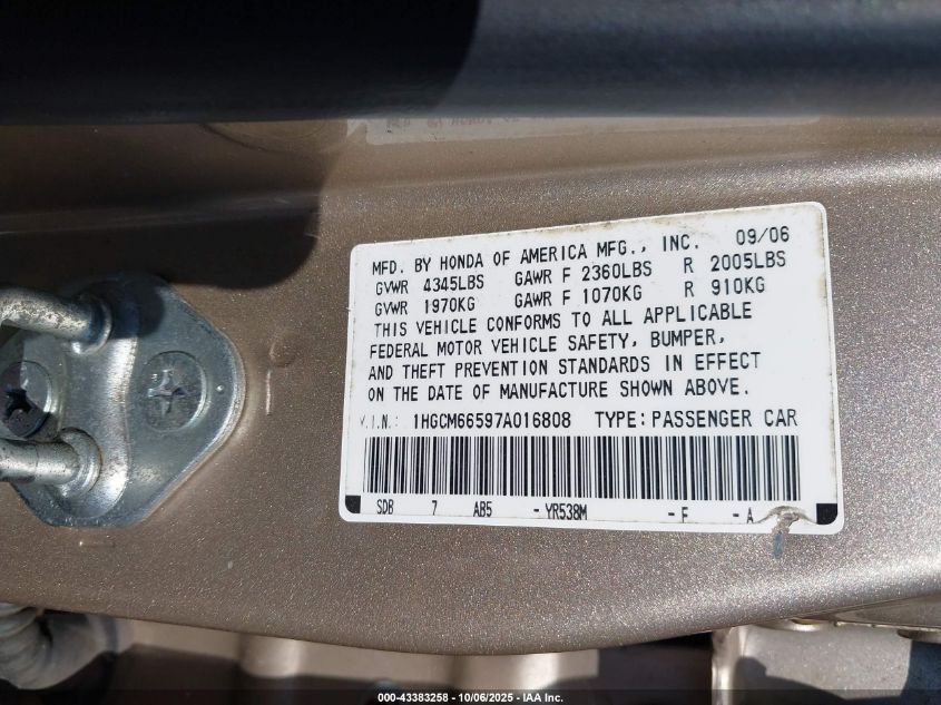 2007 Honda Accord 3.0 Ex VIN: 1HGCM66597A016808 Lot: 43383258