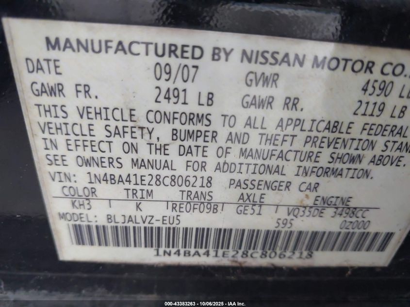 2008 Nissan Maxima 3.5 Se VIN: 1N4BA41E28C806218 Lot: 43383263