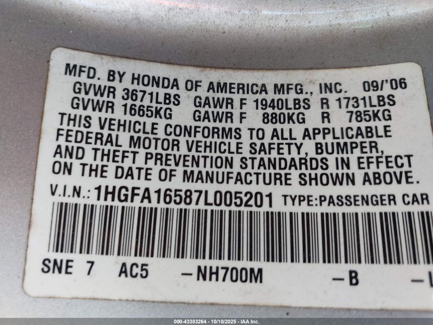 2007 Honda Civic Lx VIN: 1HGFA16587L005201 Lot: 43383264