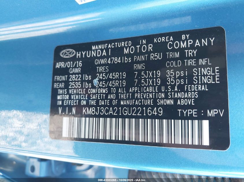 2016 Hyundai Tucson Limited VIN: KM8J3CA21GU221649 Lot: 43383265