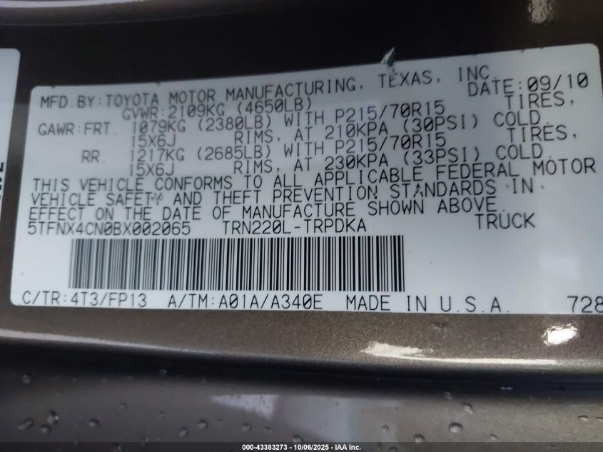 2011 Toyota Tacoma VIN: 5TFNX4CN0BX002065 Lot: 43383273