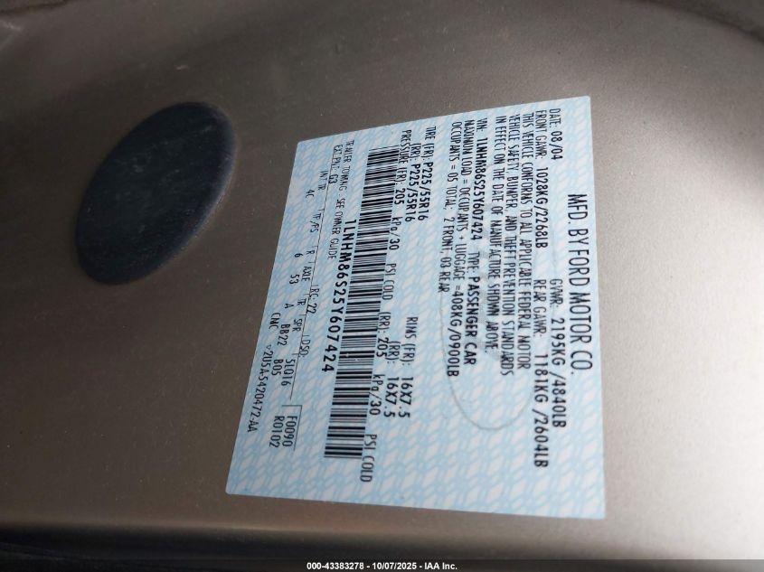 2005 Lincoln Ls V6 VIN: 1LNHM86S25Y607424 Lot: 43383278