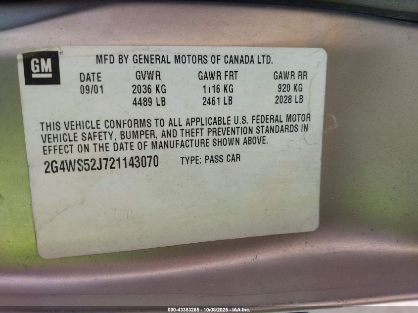 2002 Buick Century Custom VIN: 2G4WS52J721143070 Lot: 43383285