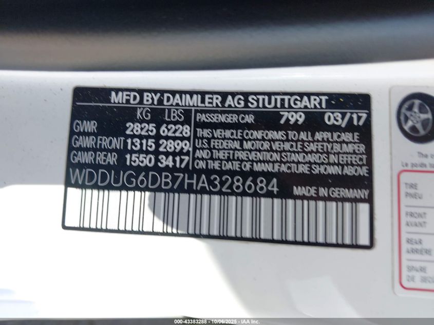 2017 Mercedes-Benz S 550E Plug-In Hybrid VIN: WDDUG6DB7HA328684 Lot: 43383288