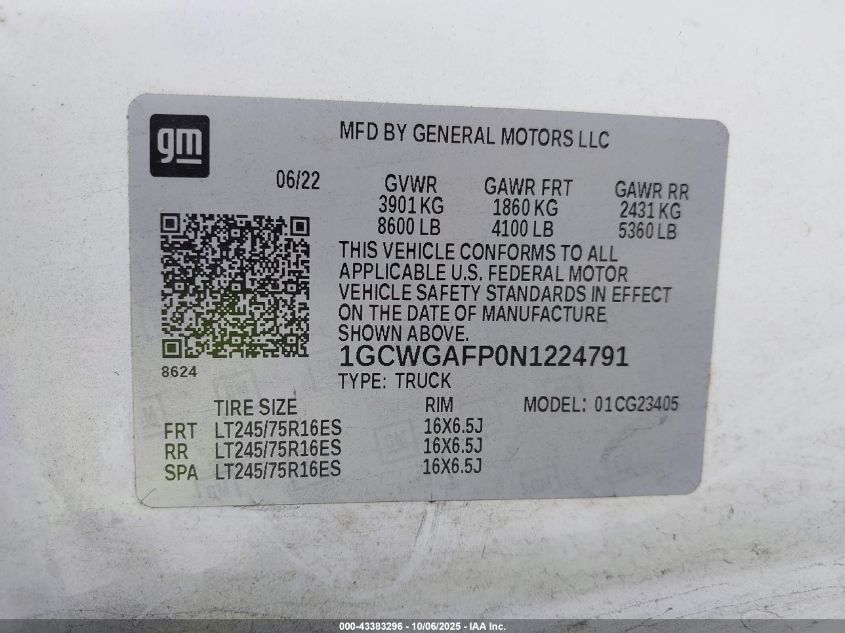 2022 Chevrolet Express Cargo Rwd 2500 Regular Wheelbase Wt VIN: 1GCWGAFP0N1224791 Lot: 43383296