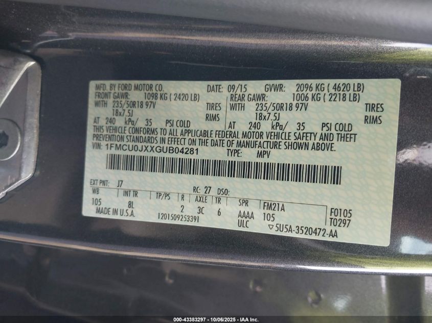 2016 Ford Escape Titanium VIN: 1FMCU0JXXGUB04281 Lot: 43383297