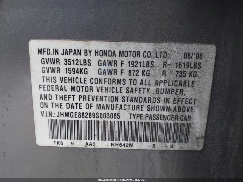 2009 Honda Fit VIN: JHMGE88289S003085 Lot: 43383300