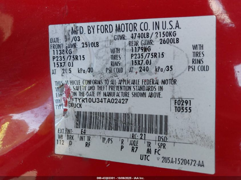 2004 Ford Ranger Edge/Xl/Xlt VIN: 1FTYR10U34TA02427 Lot: 43383301