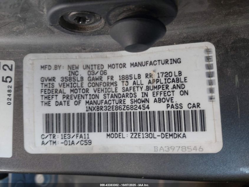 2006 Toyota Corolla Ce VIN: 1NXBR32E86Z682454 Lot: 43383302