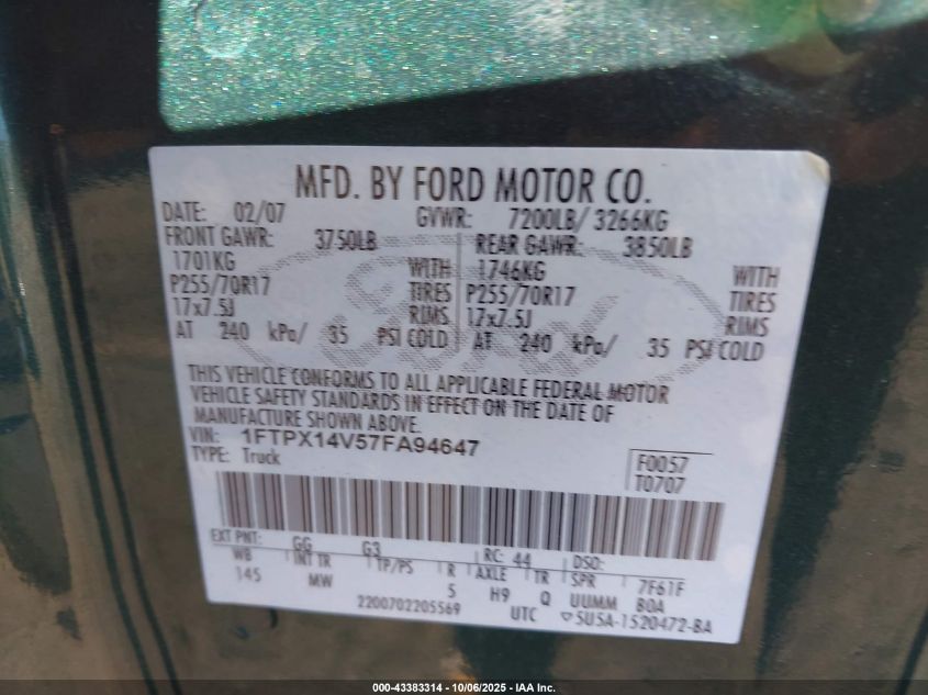 2007 Ford F150 VIN: 1FTPX14V57FA94647 Lot: 43383314