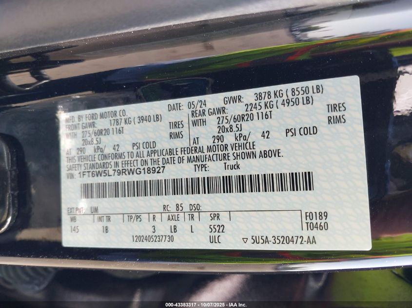 2024 Ford F-150 Lightning Lariat VIN: 1FT6W5L79RWG18927 Lot: 43383317