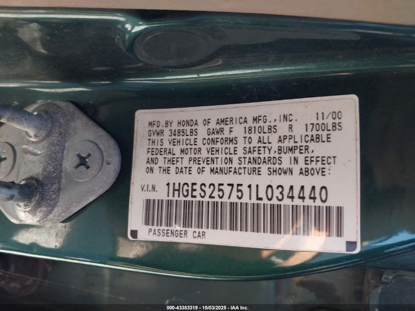 2001 Honda Civic Ex VIN: 1HGES25751L034440 Lot: 43383319