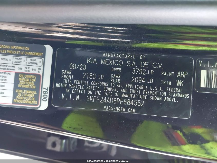 2023 Kia Forte Lx VIN: 3KPF24AD6PE684552 Lot: 43383320