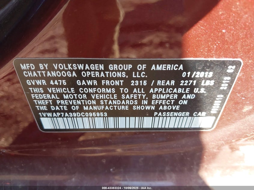 2013 VOLKSWAGEN PASSAT 2.5L S 1VWAP7A39DC095953
