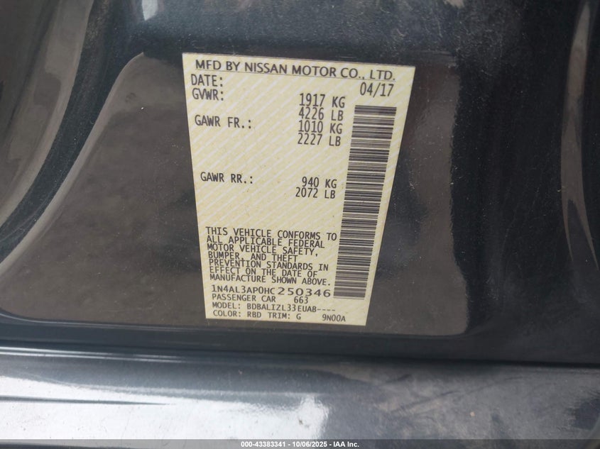 2017 NISSAN ALTIMA 2.5 SV 1N4AL3AP0HC250346