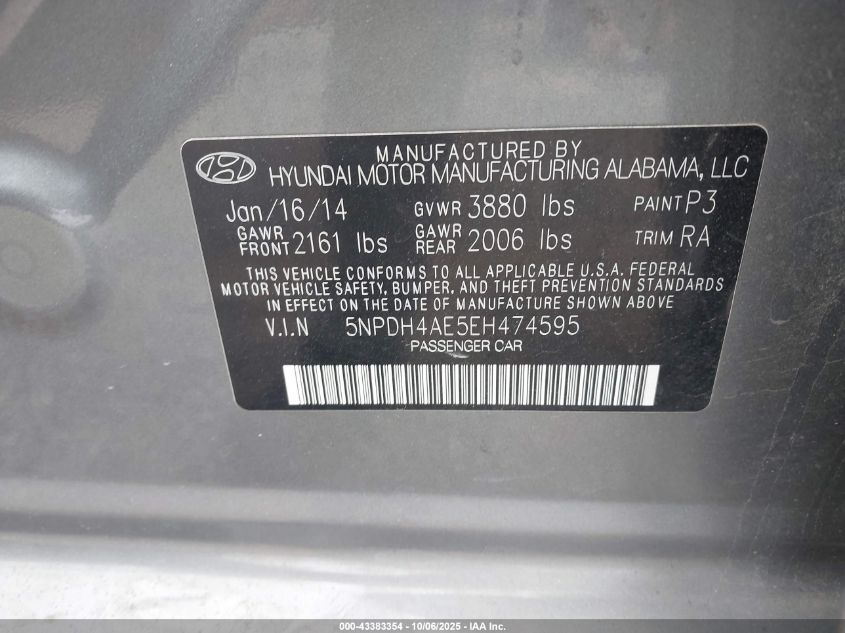 2014 Hyundai Elantra Se VIN: 5NPDH4AE5EH474595 Lot: 43383354