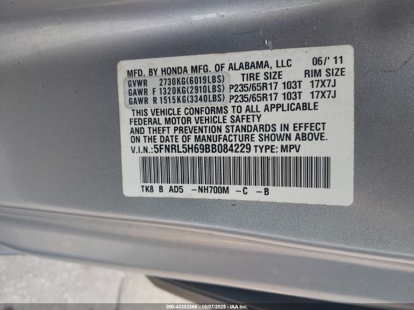 2011 Honda Odyssey Ex-L VIN: 5FNRL5H69BB084229 Lot: 43383366