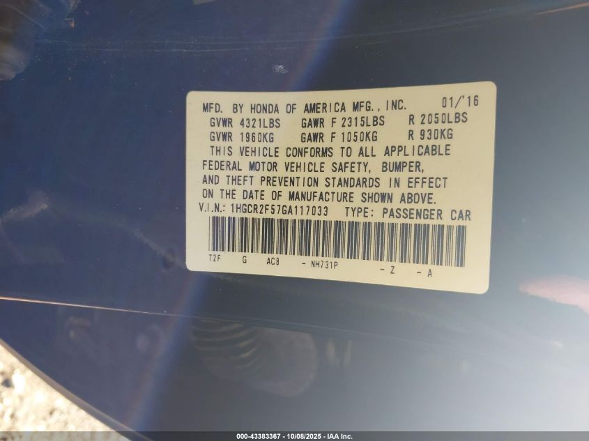 2016 Honda Accord Sport VIN: 1HGCR2F57GA117033 Lot: 43383367