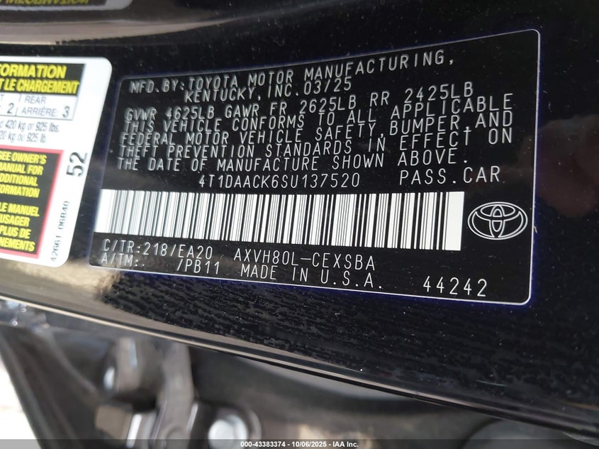 2025 Toyota Camry Se VIN: 4T1DAACK6SU137520 Lot: 43383374