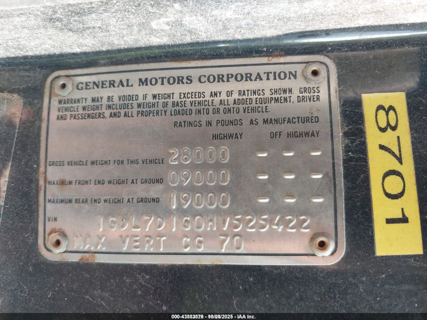 1987 GMC C7000 C7D042 VIN: 1GDL7D1G0HV525422 Lot: 43383376