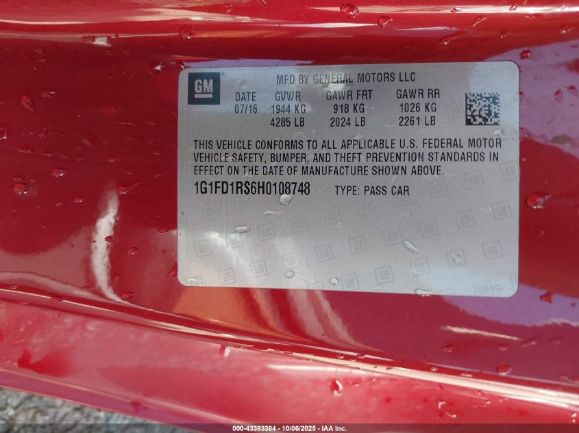 2017 Chevrolet Camaro 2Lt VIN: 1G1FD1RS6H0108748 Lot: 43383384