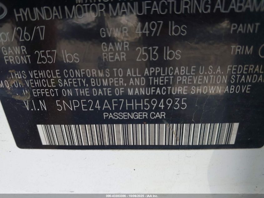 2017 Hyundai Sonata VIN: 5NPE24AF7HH594935 Lot: 43383386