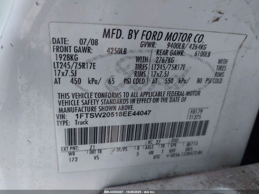 2008 Ford F-250 King Ranch/Lariat/Xl/Xlt VIN: 1FTSW20518EE44047 Lot: 43383387
