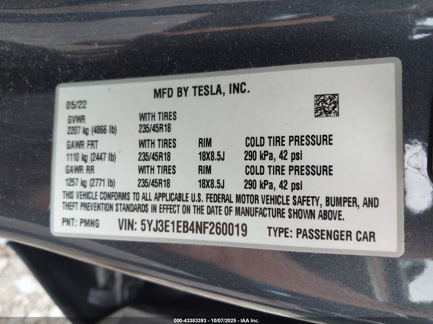 2022 TESLA MODEL 3 LONG RANGE DUAL MOTOR ALL-WHEEL DRIVE 5YJ3E1EB4NF260019