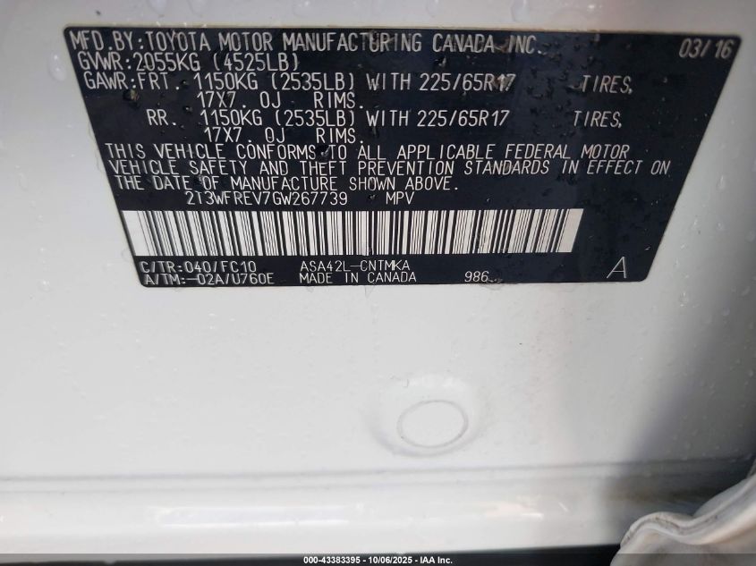 2016 Toyota Rav4 Xle VIN: 2T3WFREV7GW267739 Lot: 43383395