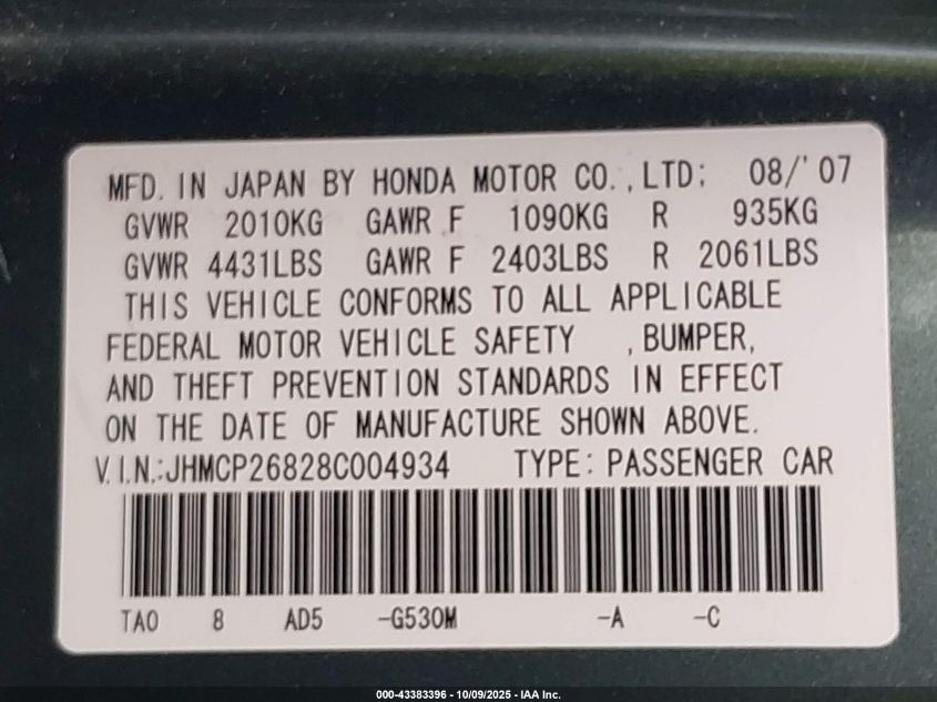 2008 Honda Accord 2.4 Ex-L VIN: JHMCP26828C004934 Lot: 43383396