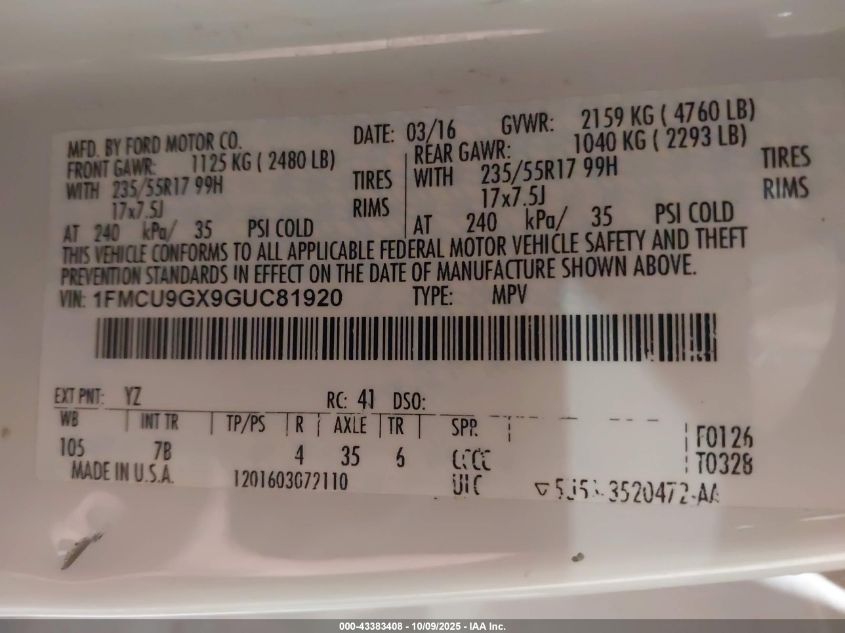 2016 Ford Escape Se VIN: 1FMCU9GX9GUC81920 Lot: 43383408